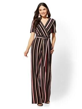 New York & Company Striped Black Pink Jumpsuit with Pockets Size Large